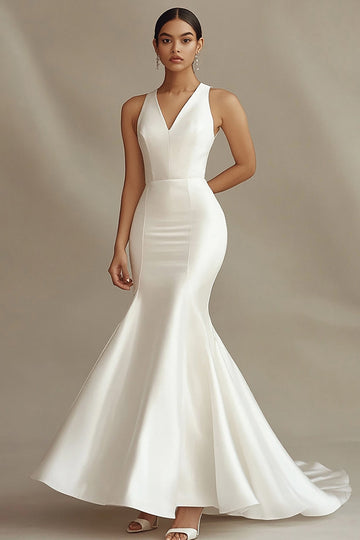 Ivory Mermaid V-Neck Satin Engagement Dress